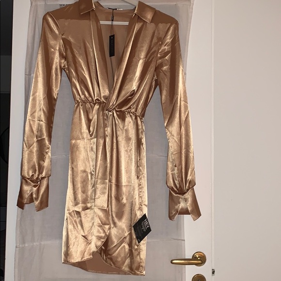 NLY ONE Dresses & Skirts - NLY ONE satin gold wrap shirt mini dress